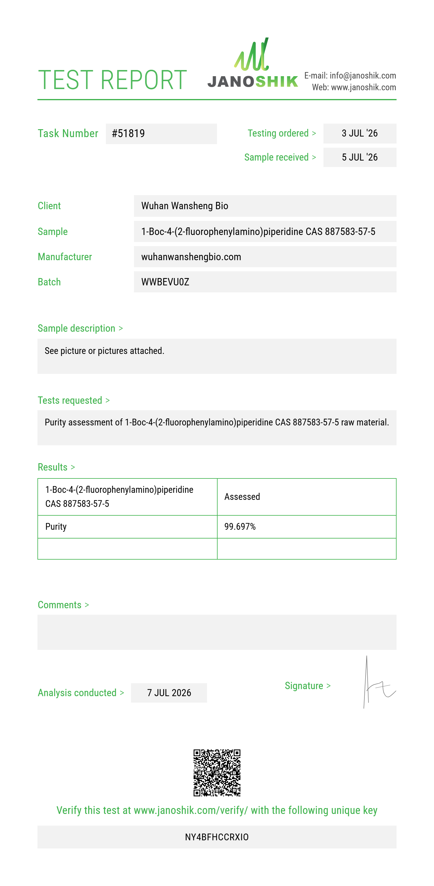 1-Boc-4-(2-fluorophenylamino)piperidine CAS 887583-57-5 Purity (HPLC) report by Janoshik Analytical