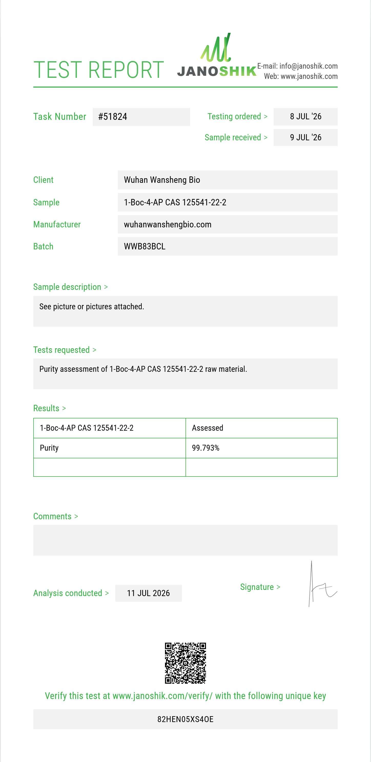 1-Boc-4-AP (tert-butyl 4-(phenylamino)piperidine-1-carboxylate) CAS 125541-22-2 Purity (HPLC) report by Janoshik Analytical
