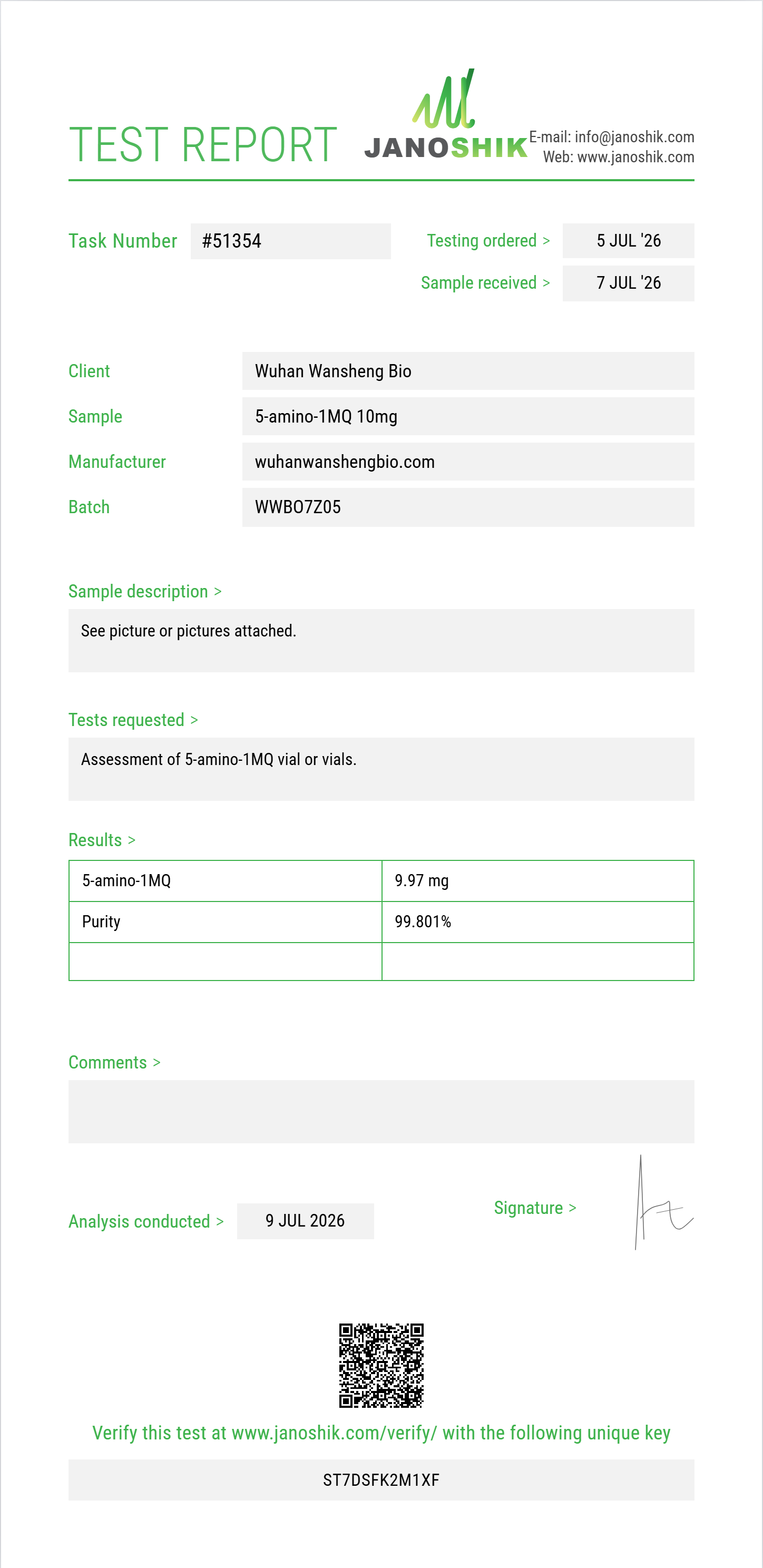 5-amino-1MQ Purity (HPLC) report by Janoshik Analytical