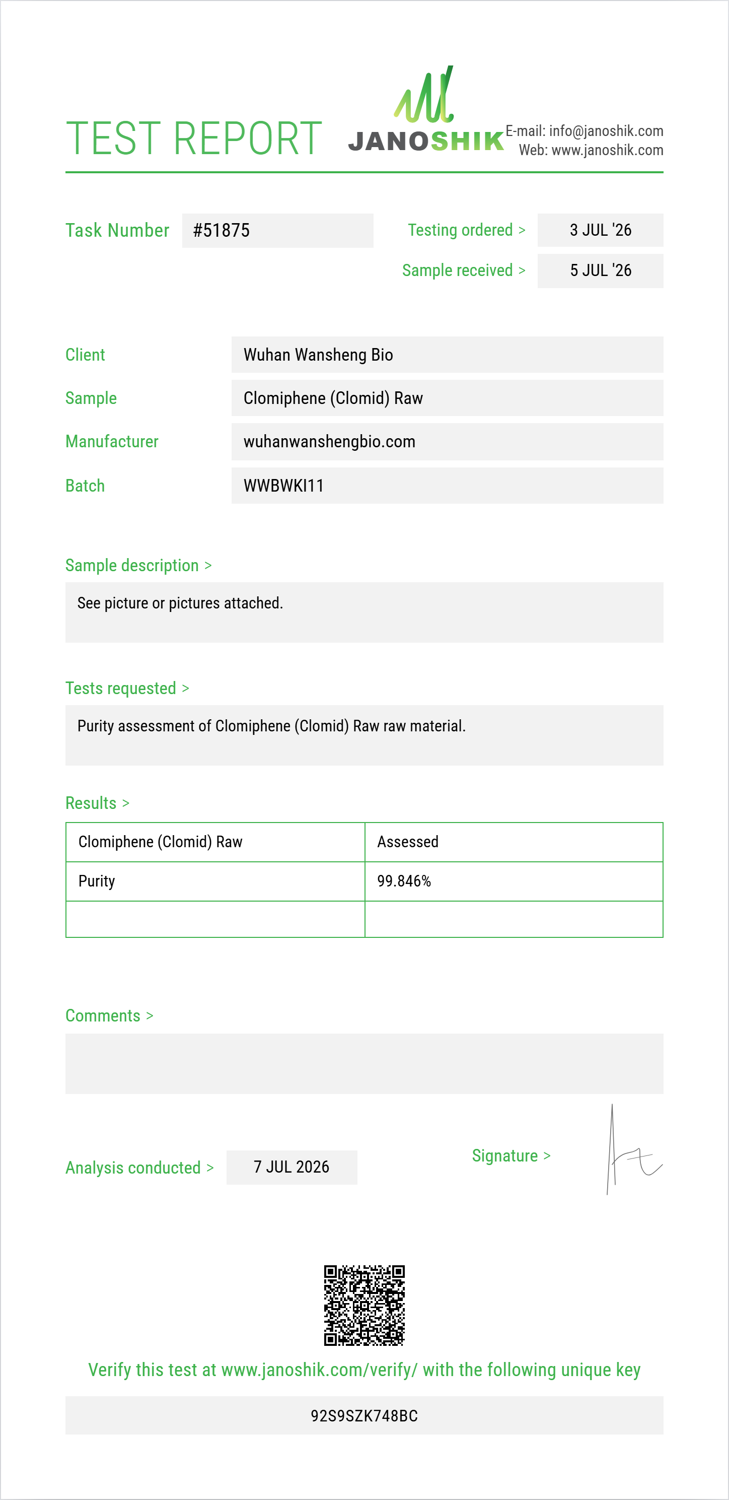 Clomiphene (Clomid) Raw Purity (HPLC) report by Janoshik Analytical