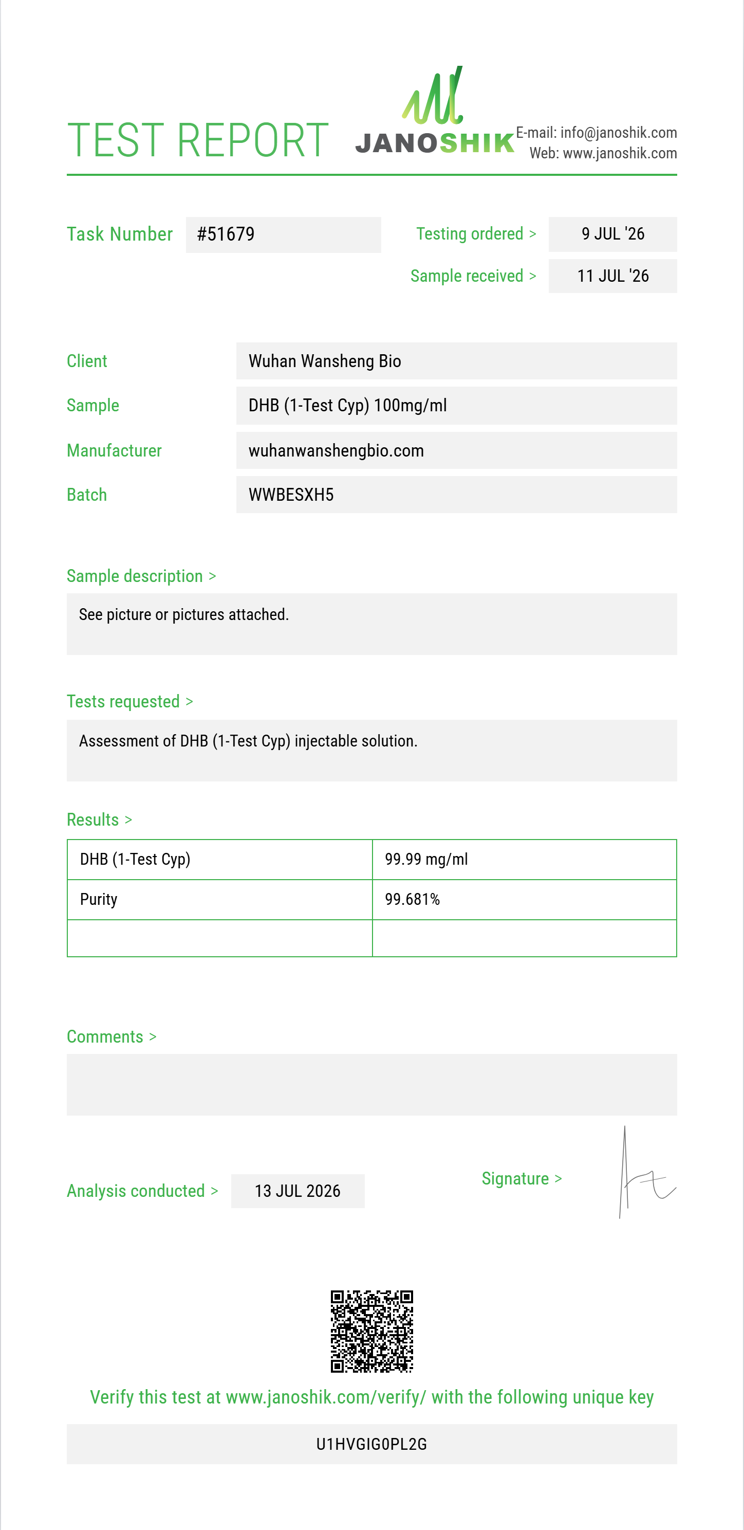 DHB (1-Test Cyp) Purity (HPLC) report by Janoshik Analytical