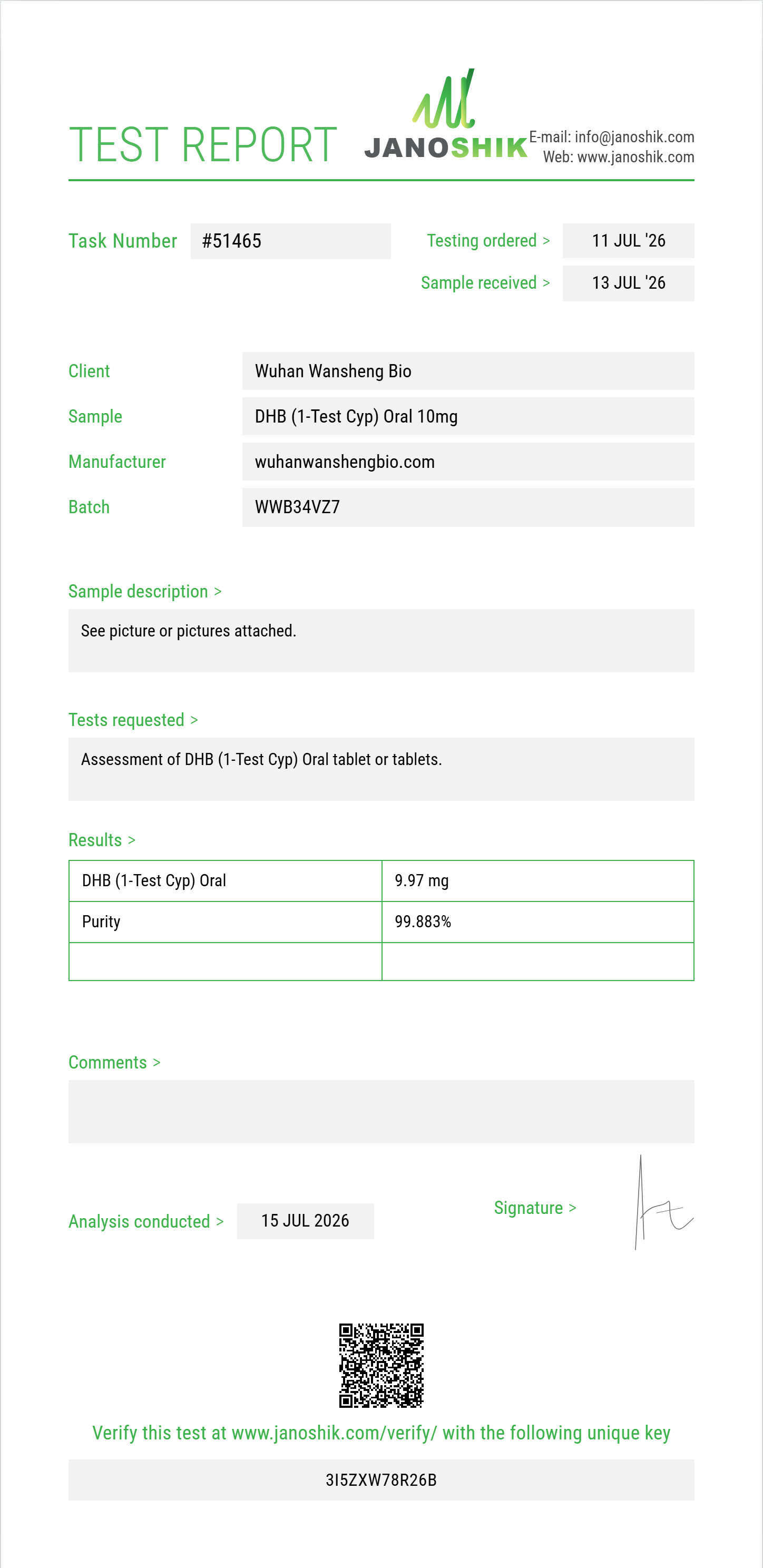 DHB (1-Test Cyp) Oral Purity (HPLC) report by Janoshik Analytical