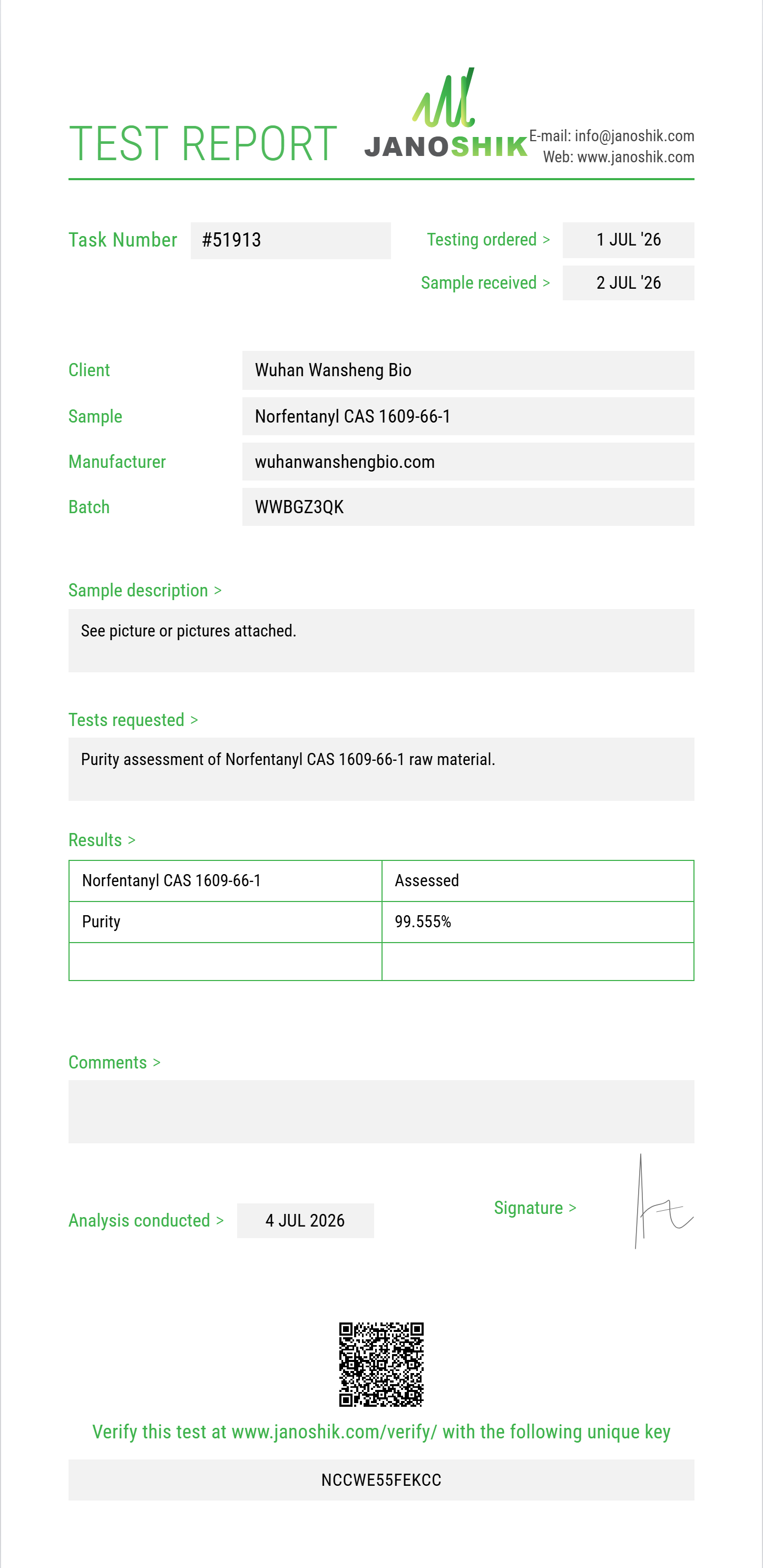 Norfentanyl CAS 1609-66-1 Purity (HPLC) report by Janoshik Analytical