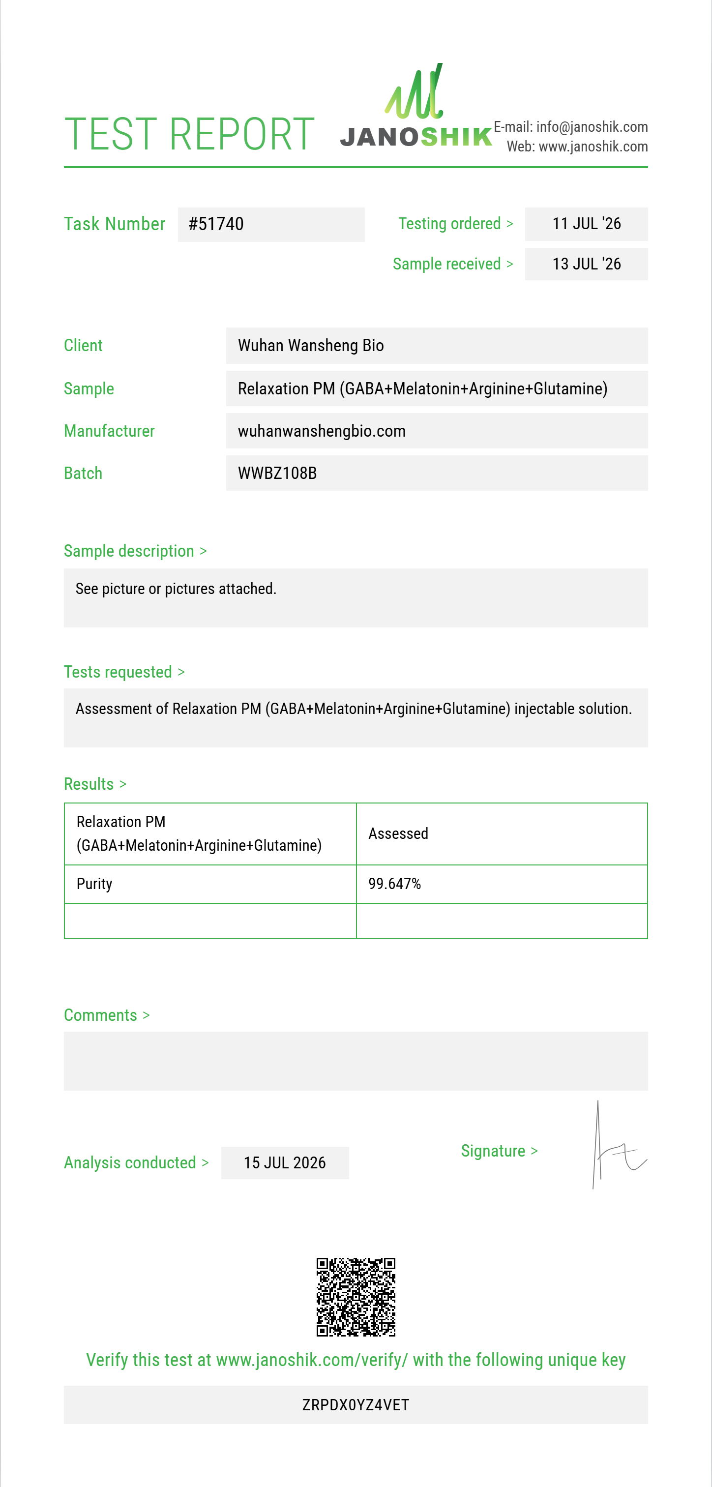 Relaxation PM (GABA 100mg+Melatonin 1mg+Arginine 100mg+Glutamine 25mg) Purity (HPLC) report by Janoshik Analytical