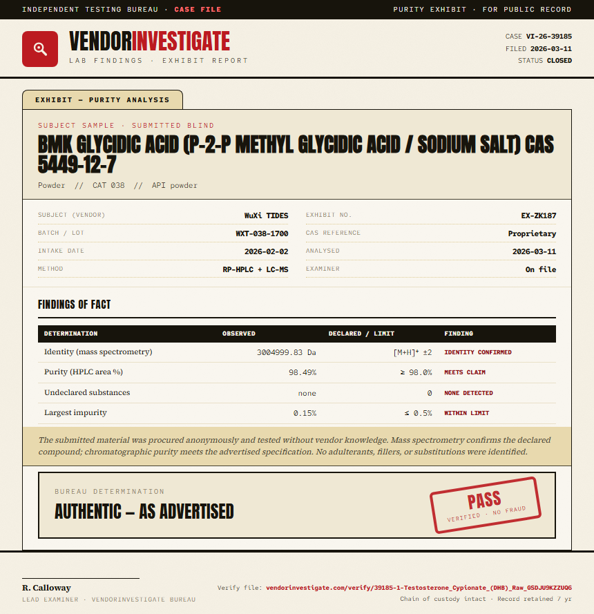 1-Testosterone Cypionate (DHB) Raw Purity (HPLC) report by VendorInvestigate