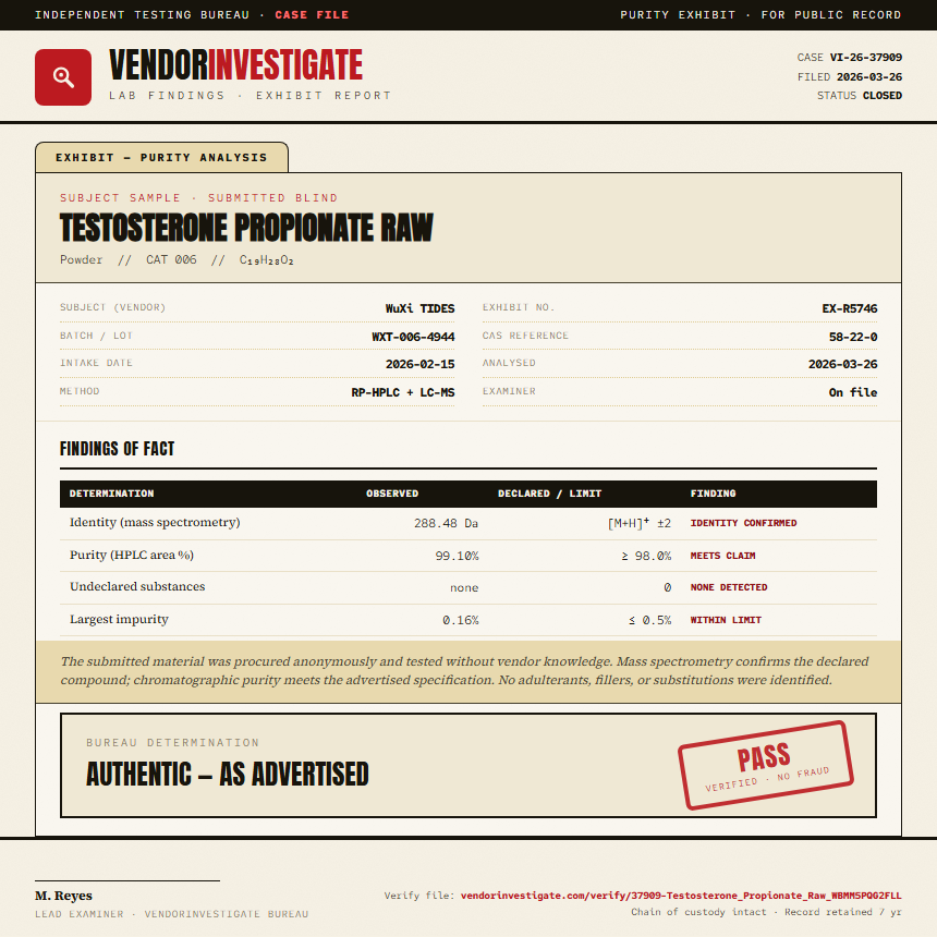 Testosterone Propionate Raw Purity (HPLC) report by VendorInvestigate
